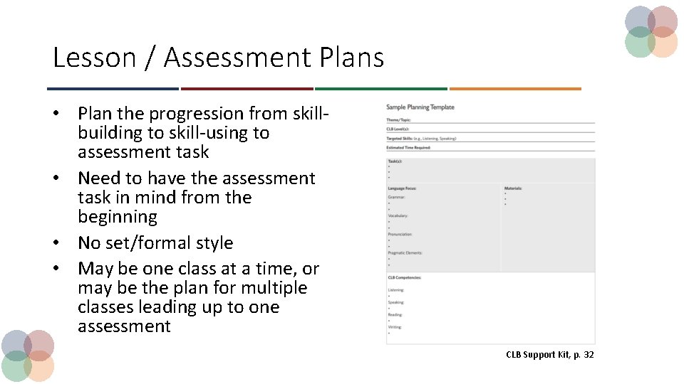 Lesson / Assessment Plans • Plan the progression from skillbuilding to skill-using to assessment