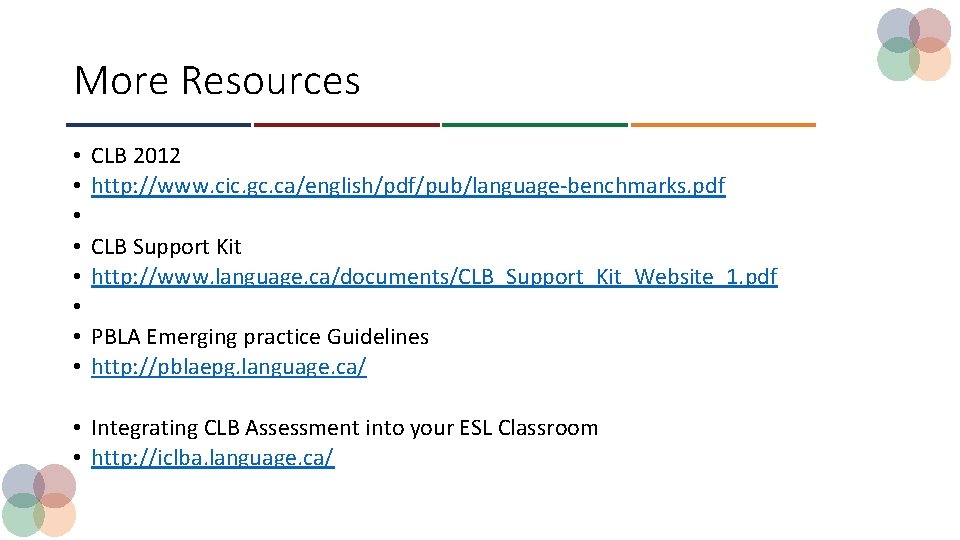 More Resources • • CLB 2012 http: //www. cic. gc. ca/english/pdf/pub/language-benchmarks. pdf CLB Support