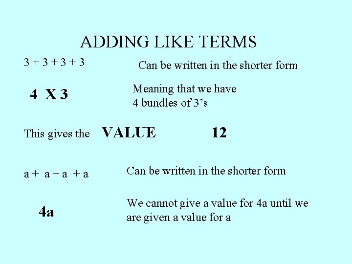 ADDING LIKE TERMS 3+3+3+3 4 X 3 This gives the a+ a+a +a 4