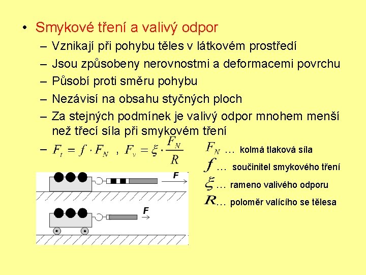  • Smykové tření a valivý odpor – – – Vznikají při pohybu těles