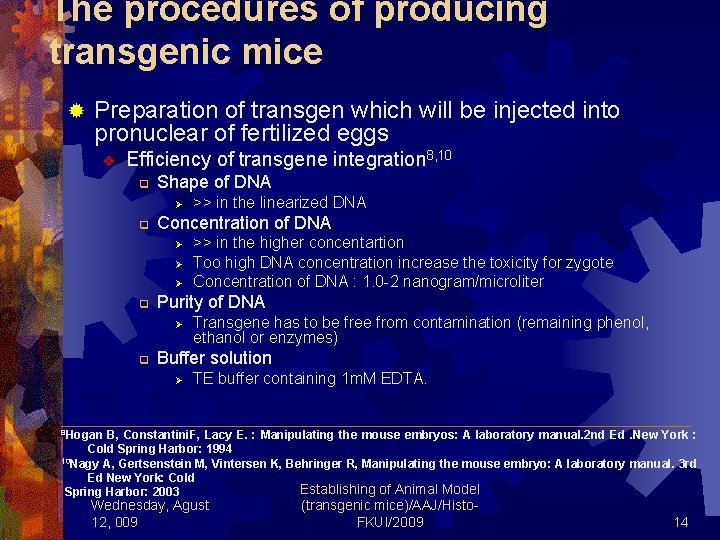The procedures of producing transgenic mice ® Preparation of transgen which will be injected