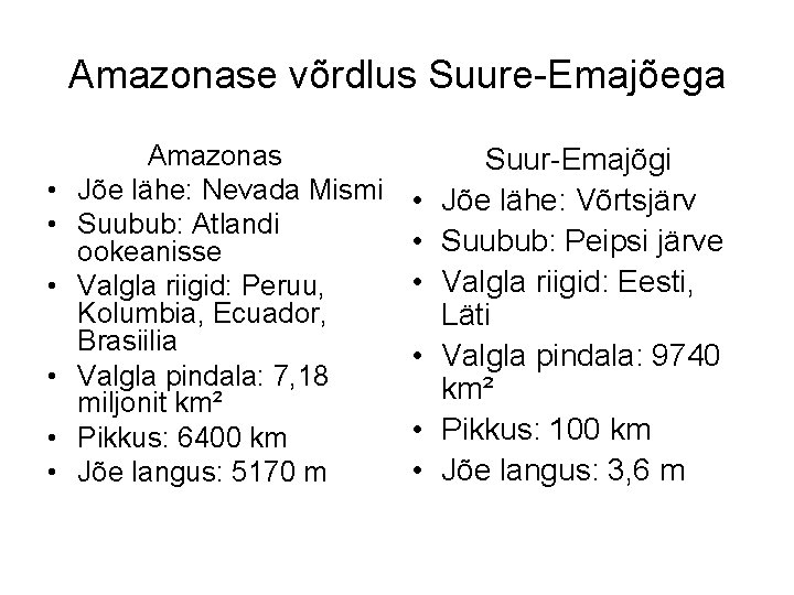 Amazonase võrdlus Suure-Emajõega • • • Amazonas Jõe lähe: Nevada Mismi Suubub: Atlandi ookeanisse