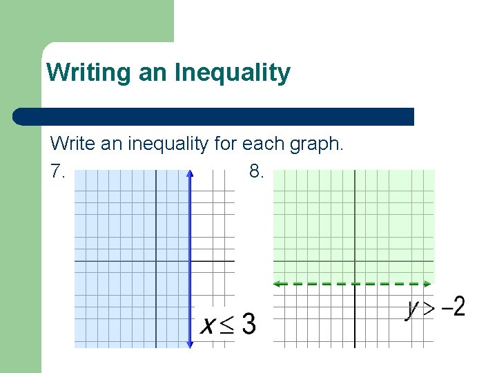 Writing an Inequality Write an inequality for each graph. 7. 8. 