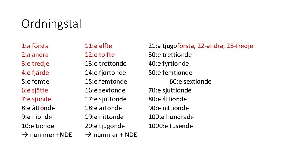 Ordningstal 1: a första 2: a andra 3: e tredje 4: e fjärde 5: