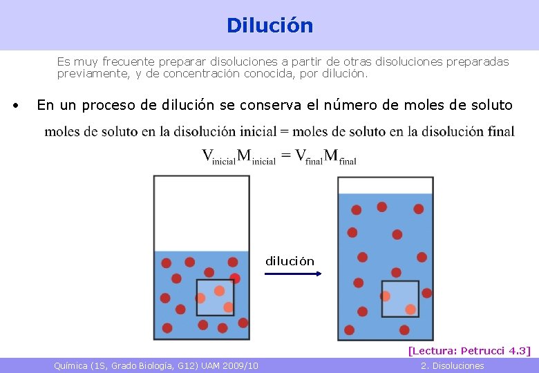 Dilución Es muy frecuente preparar disoluciones a partir de otras disoluciones preparadas previamente, y