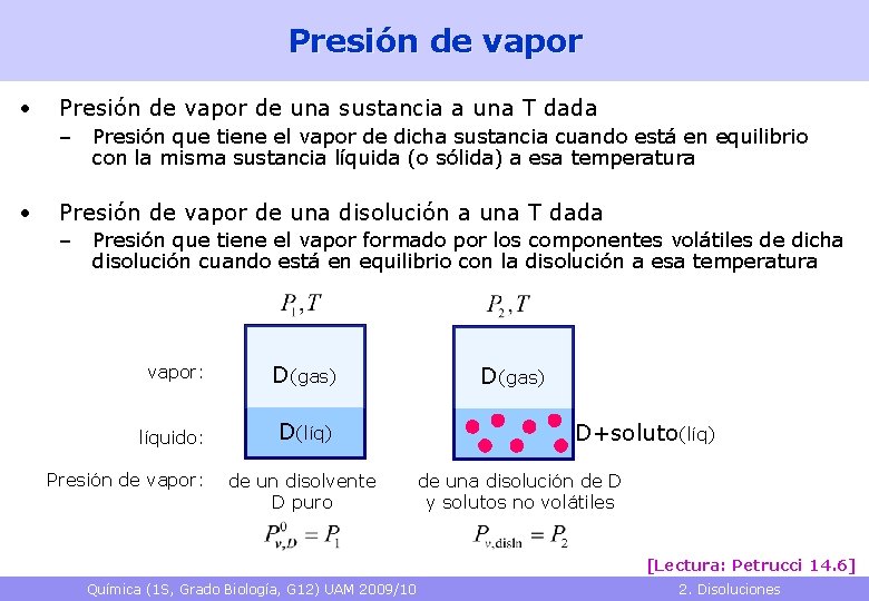 Presión de vapor • Presión de vapor de una sustancia a una T dada