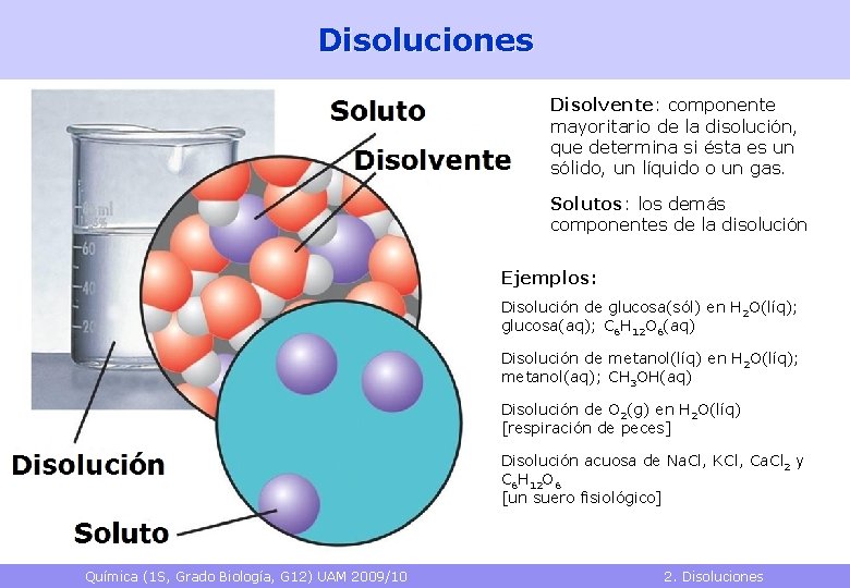 Disoluciones Disolvente: componente mayoritario de la disolución, que determina si ésta es un sólido,