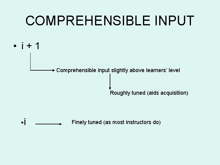 COMPREHENSIBLE INPUT • i+1 Comprehensible input slightly above learners’ level Roughly tuned (aids acquisition)