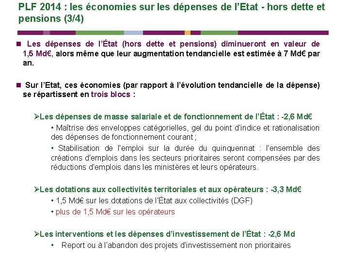 PLF 2014 : les économies sur les dépenses de l’Etat - hors dette et