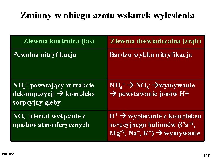 Zmiany w obiegu azotu wskutek wylesienia Zlewnia kontrolna (las) Zlewnia doświadczalna (zrąb) Powolna nitryfikacja