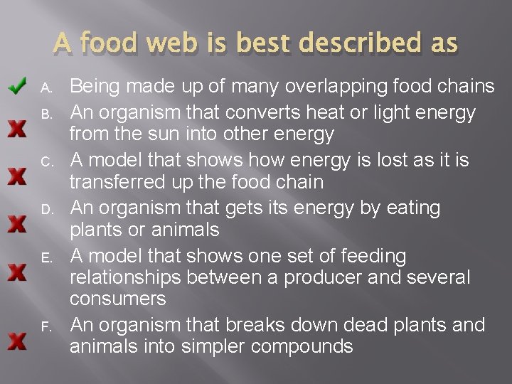A food web is best described as A. B. C. D. E. F. Being