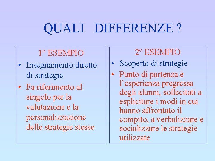 QUALI DIFFERENZE ? 1° ESEMPIO • Insegnamento diretto di strategie • Fa riferimento al