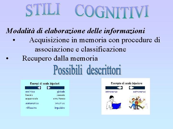 Modalità di elaborazione delle informazioni • Acquisizione in memoria con procedure di associazione e