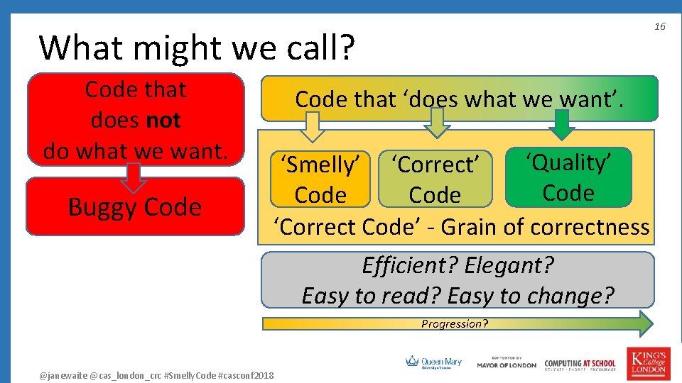 16 What might we call? Code that does not do what we want. Buggy