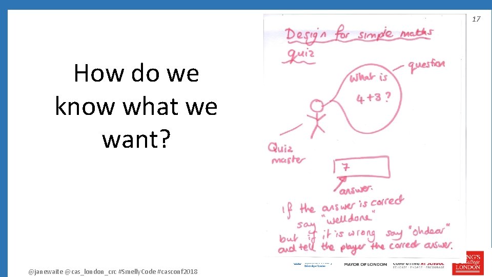 17 How do we know what we want? @janewaite @cas_london_crc #Smelly. Code #casconf 2018