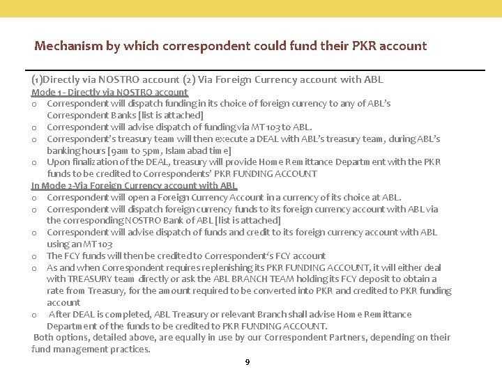 Mechanism by which correspondent could fund their PKR account (1)Directly via NOSTRO account (2)