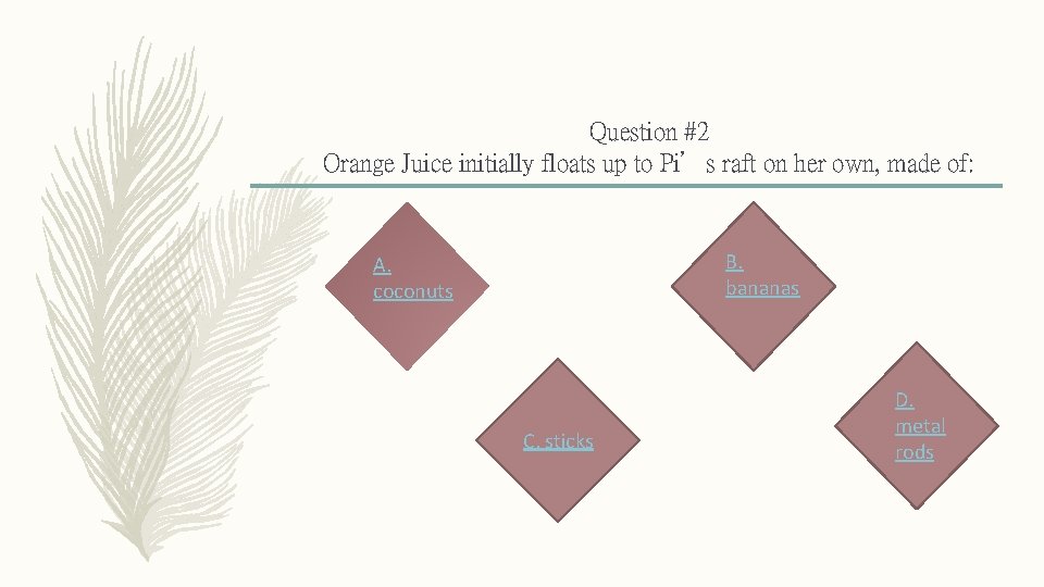 Question #2 Orange Juice initially floats up to Pi’s raft on her own, made