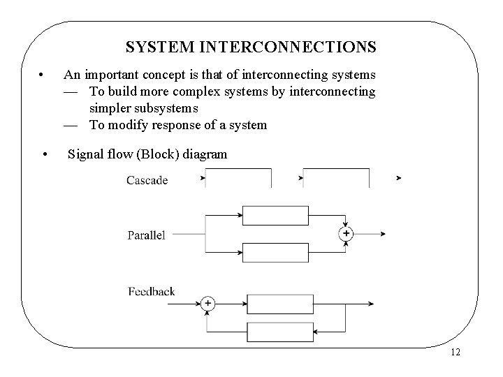 SYSTEM INTERCONNECTIONS • An important concept is that of interconnecting systems — To build