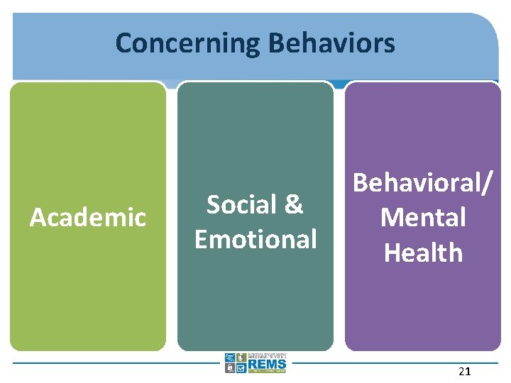 Concerning Behaviors Academic Social & Emotional Behavioral/ Mental Health 21 