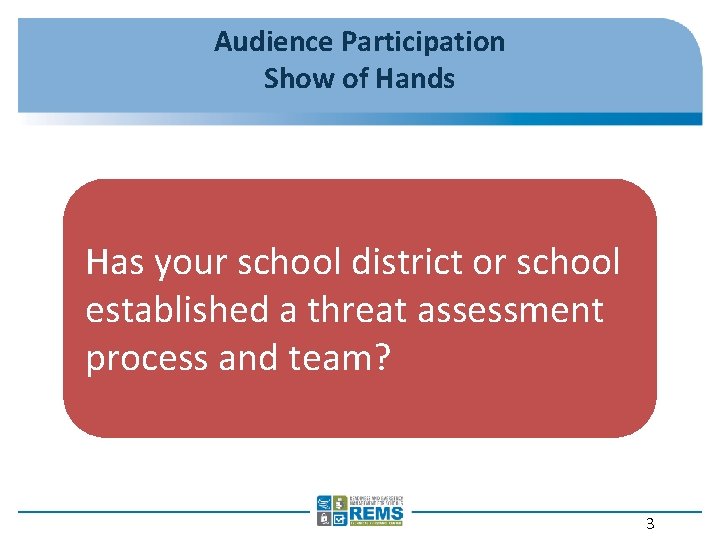 Audience Participation Show of Hands Has your school district or school established a threat