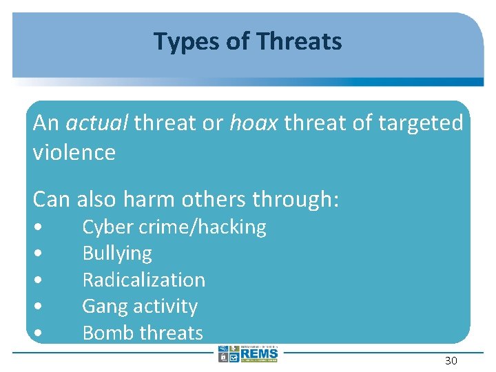 Types of Threats An actual threat or hoax threat of targeted violence Can also