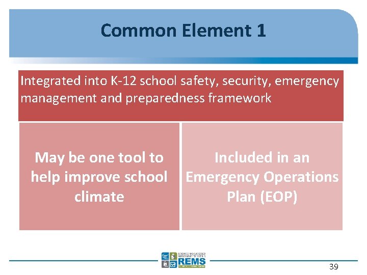 Common Element 1 Integrated into K-12 school safety, security, emergency management and preparedness framework