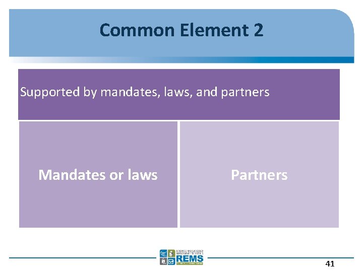 Common Element 2 Supported by mandates, laws, and partners Mandates or laws Partners 41