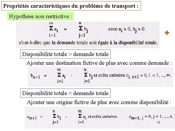 Propriétés caractéristiques du problème de transport : Hypothèse non restrictive : Disponibilité totale >