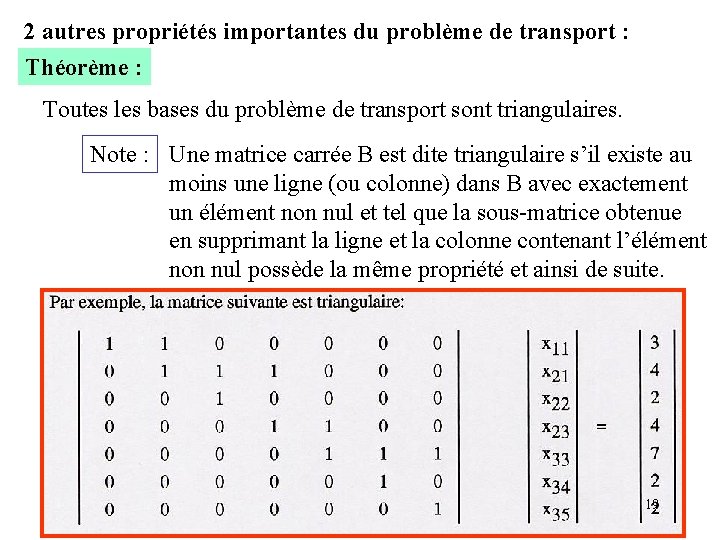 2 autres propriétés importantes du problème de transport : Théorème : Toutes les bases