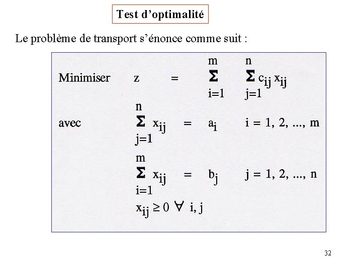 Test d’optimalité Le problème de transport s’énonce comme suit : 32 