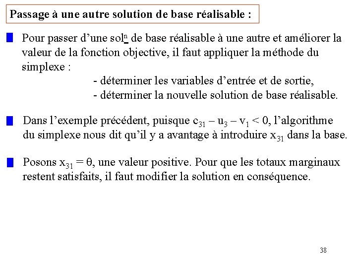 Passage à une autre solution de base réalisable : Pour passer d’une soln de