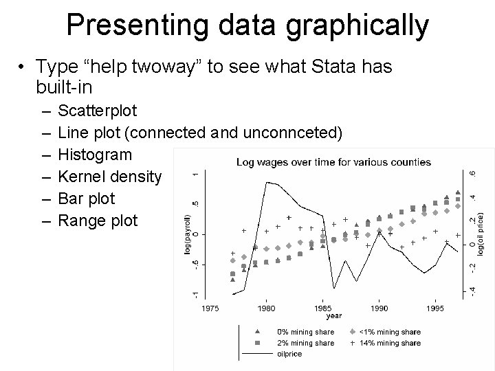 Presenting data graphically • Type “help twoway” to see what Stata has built-in –