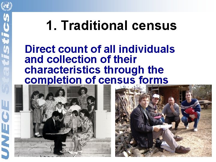 1. Traditional census Direct count of all individuals and collection of their characteristics through