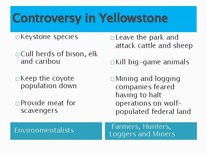 Controversy in Yellowstone � Keystone species � Cull herds of bison, elk and caribou