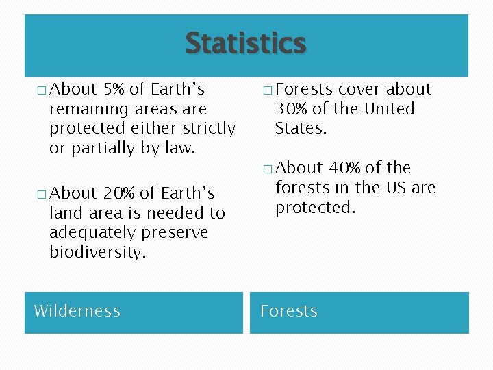 Statistics � About 5% of Earth’s remaining areas are protected either strictly or partially