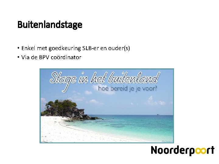 Buitenlandstage • Enkel met goedkeuring SLB-er en ouder(s) • Via de BPV coördinator 
