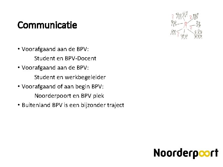 Communicatie • Voorafgaand aan de BPV: Student en BPV-Docent • Voorafgaand aan de BPV: