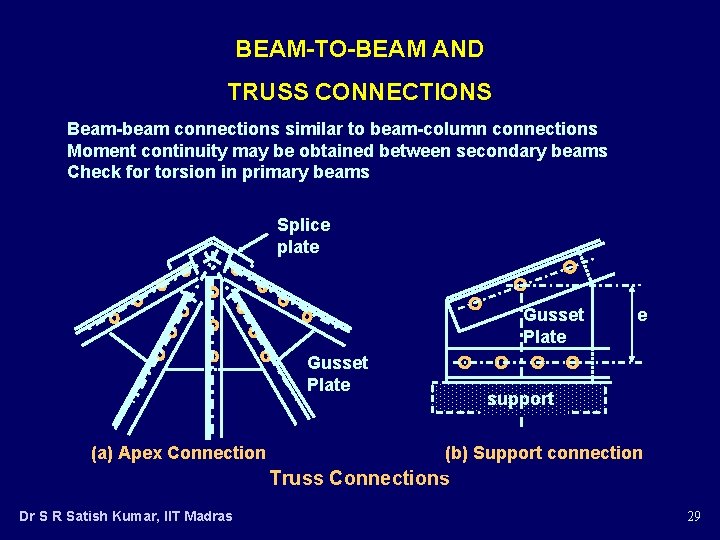 BEAM-TO-BEAM AND TRUSS CONNECTIONS Beam-beam connections similar to beam-column connections Moment continuity may be