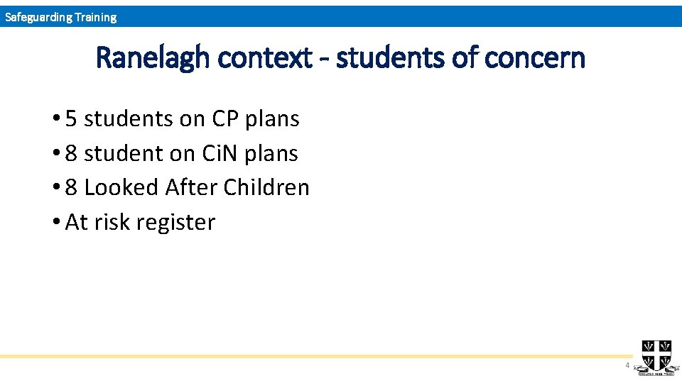 Safeguarding Training Ranelagh context - students of concern • 5 students on CP plans