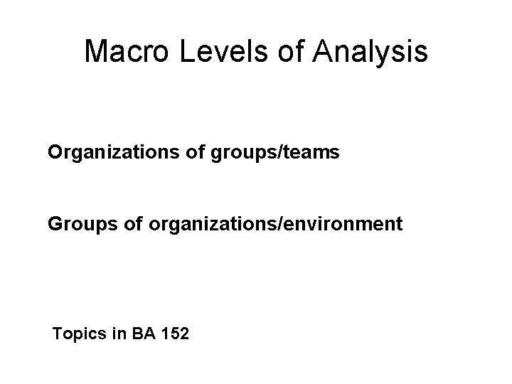 Macro Levels of Analysis Organizations of groups/teams Groups of organizations/environment Topics in BA 152