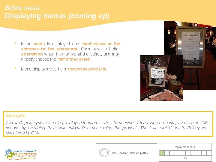 Before meals: Displaying menus (coming up) • If the menu is displayed and emphasised