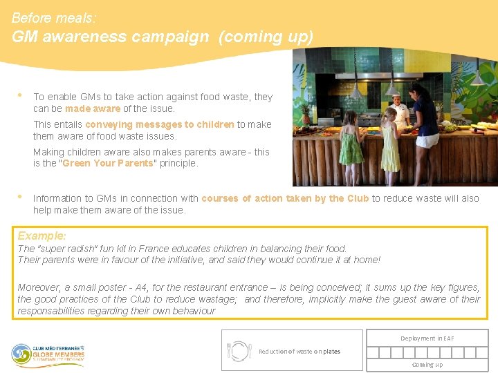 Before meals: GM awareness campaign (coming up) • To enable GMs to take action