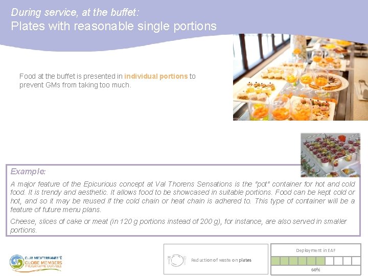 During service, at the buffet: Plates with reasonable single portions Food at the buffet