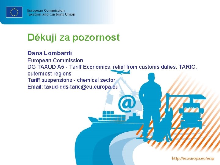 Děkuji za pozornost Dana Lombardi European Commission DG TAXUD A 5 - Tariff Economics,