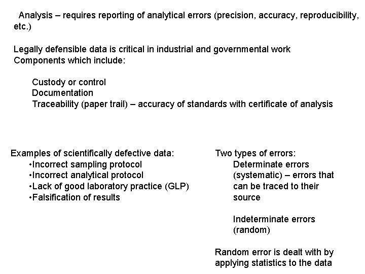  Analysis – requires reporting of analytical errors (precision, accuracy, reproducibility, etc. ) Legally