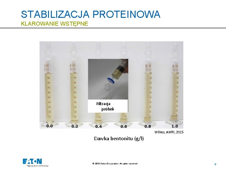 STABILIZACJA PROTEINOWA KLAROWANIE WSTĘPNE Filtracja próbek Wilkes, AWRI, 2015 Dawka bentonitu (g/l) © 2019