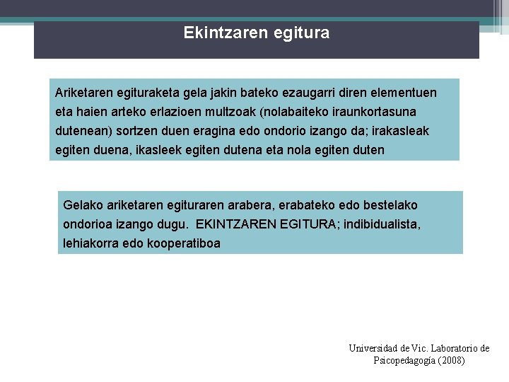 Ekintzaren egitura Ariketaren egituraketa gela jakin bateko ezaugarri diren elementuen eta haien arteko erlazioen