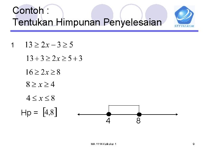 Contoh : Tentukan Himpunan Penyelesaian 1 Hp = 4 MA 1114 Kalkulus 1 8