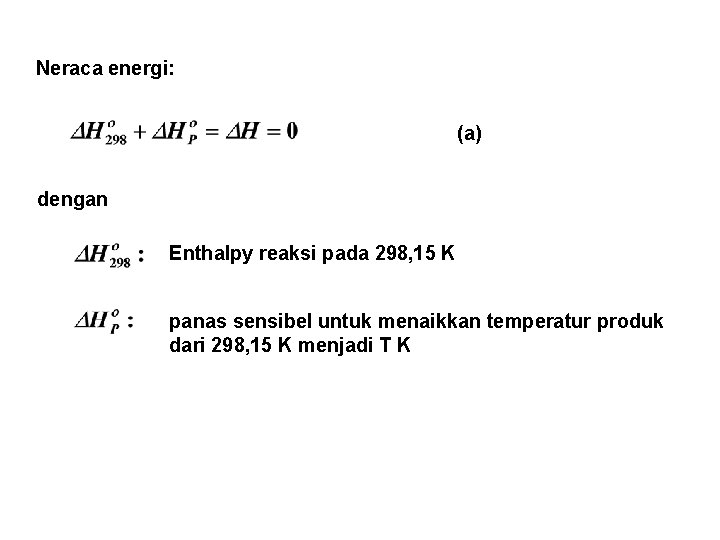 Neraca energi: (a) dengan Enthalpy reaksi pada 298, 15 K panas sensibel untuk menaikkan