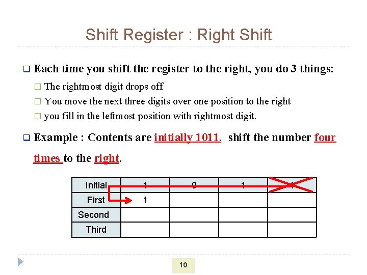 Shift Register : Right Shift q Each time you shift the register to the